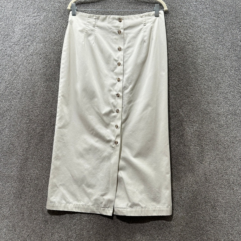 Talbots Button Front A Line Midi Skirt Women 14 Petite Beige Cotton Khaki Twill